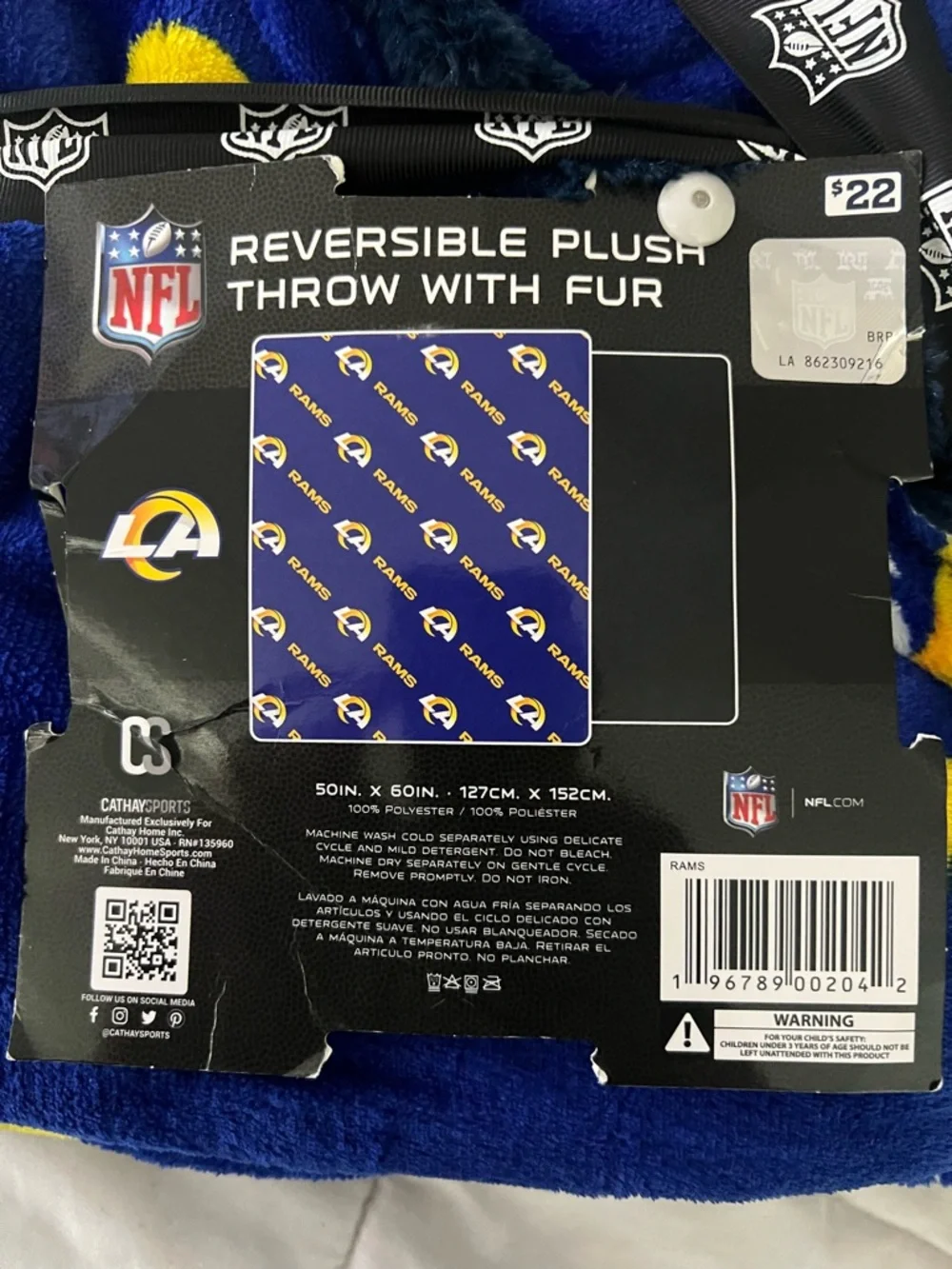 Los Angeles Rams Cathay Sports New (NWT) Reversible Plush Throw